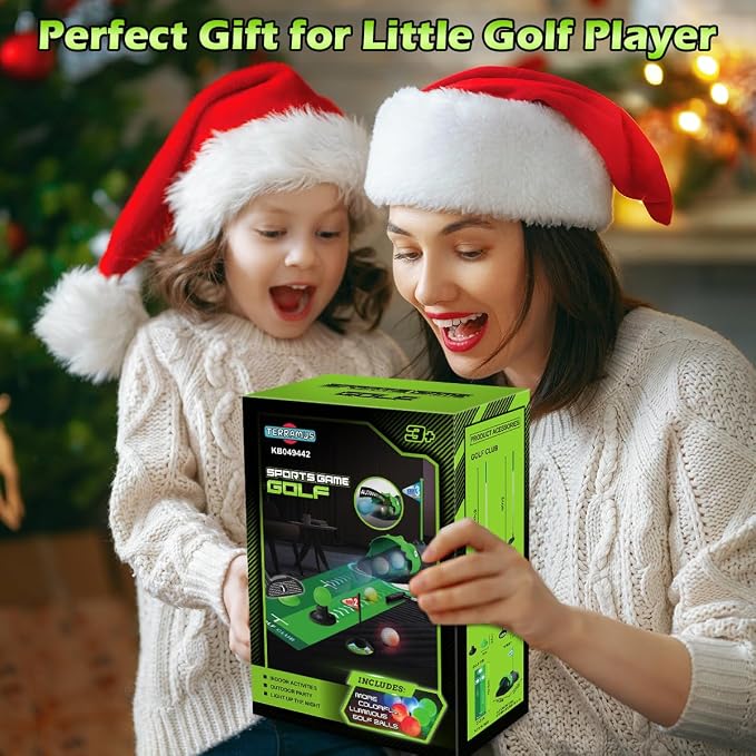 TERRAMUS Upgraded Kids Toy Golf Set with Dinosaur Automatic Golf Returner, Led Light Up Night Golf Balls, 3 Clubs, Putting Mat, 3-8 Toddler Mini Golf Games, Indoor Outdoor Sports Toys for Boys Girls