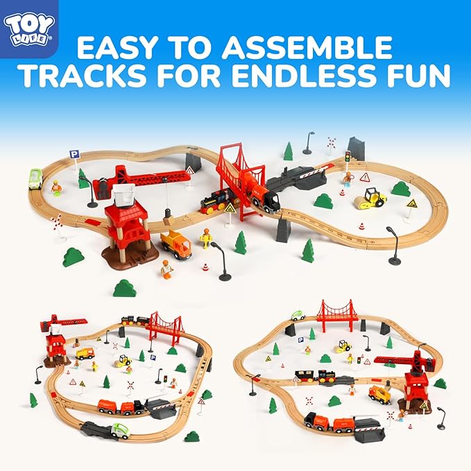 TOY Life Train Set 81pcs with Crane & Locomotive Train Toy, Wooden Train Tracks Toys for Toddlers Boys Girls 3 4 5, Wood Toys Gift Toddler Train for Kids 4-8 - Fits Thomas Brio Chuggington
