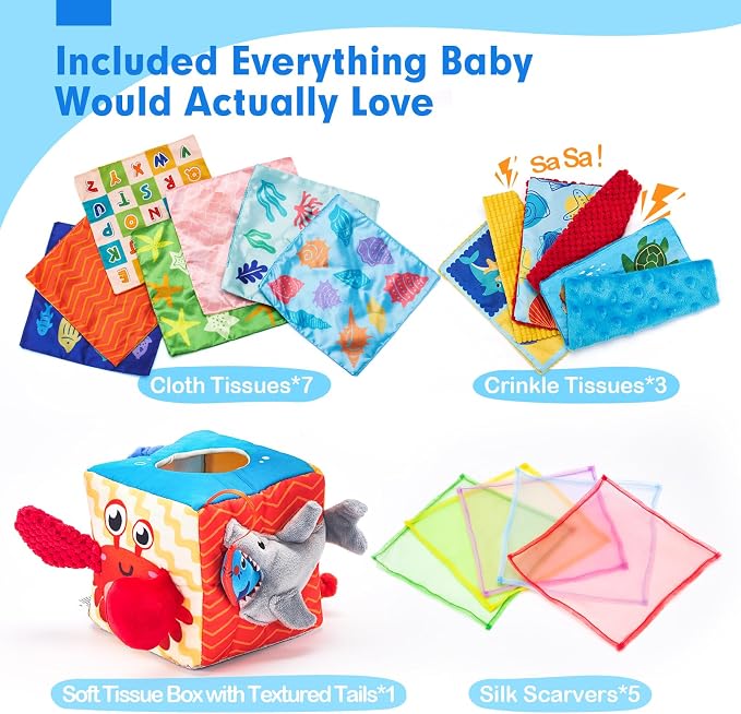 hahaland Baby Tissue Box Toy - Baby Toys 6-12 Months Montessori Toys for 6 Month Old with Textured Tails, Crinkle Tissues, Squeaky, Mirror, Play Silks Sensoy Scarves Baby Gifts 9 Month Old Travel Toys