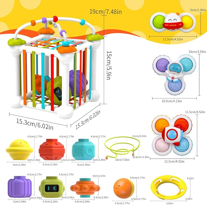 Montessori Toys for Toddlers 18 Months+, 16PCS Baby Activity Cube with Shape Sorter, 3 Suction Cup Spinner Toys, 2 Bead Mazes, Ball Rolling Track, Developmental Learning Gifts for Boys Girls