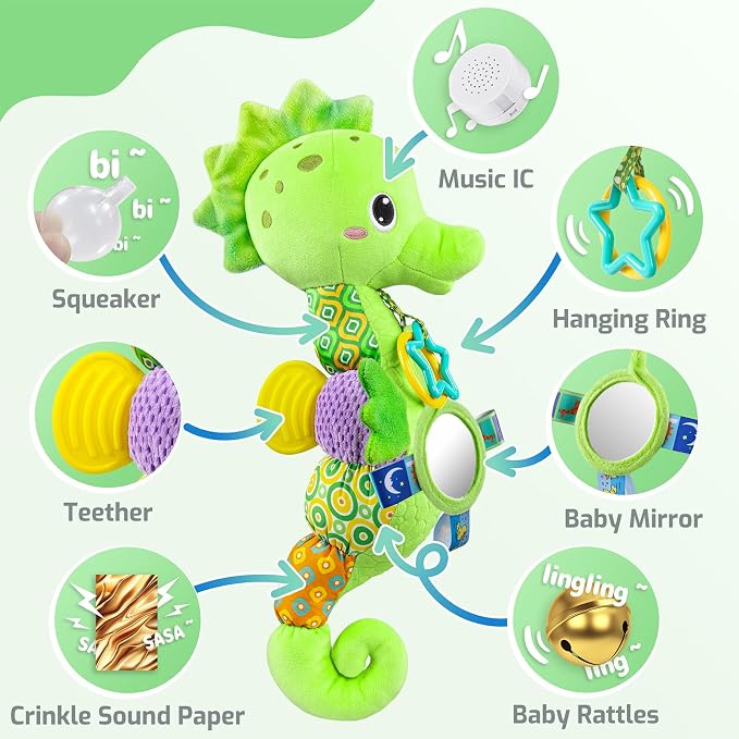 LIGHTDESIRE Baby Toys Musical Seahorse Sensory Infant Toys 0-6-12 Months | Stuffed Animals with Mirror|Crinkle|Rattle Baby Teething Toys Tummy Time for Newborn Boys Girls Shower Birthday Gifts