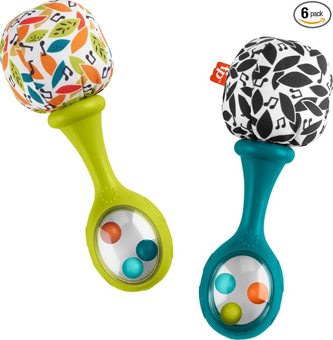 Fisher-Price Newborn Toys Rattle ‘n Rock Maracas, 2 Soft Musical Instruments for Developmental Play Babies Ages 3+ Months, Neutral Colors (Pack of 6)
