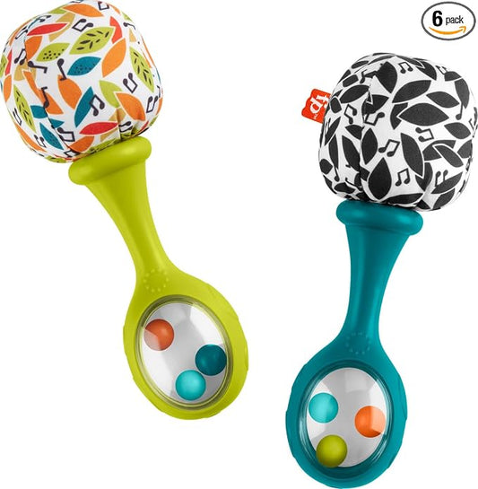 Fisher-Price Newborn Toys Rattle ‘n Rock Maracas, 2 Soft Musical Instruments for Developmental Play Babies Ages 3+ Months, Neutral Colors (Pack of 6)