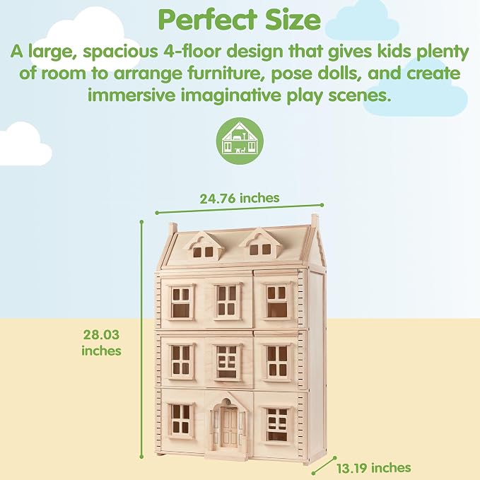 PlanToys® Grand Victorian Dollhouse | Wooden 4-Floor Dollhouse for Kids 3Y+ | Includes Attic, Opening Panels & Sliding Sashes | Encourages Imaginative Play & Social Interaction