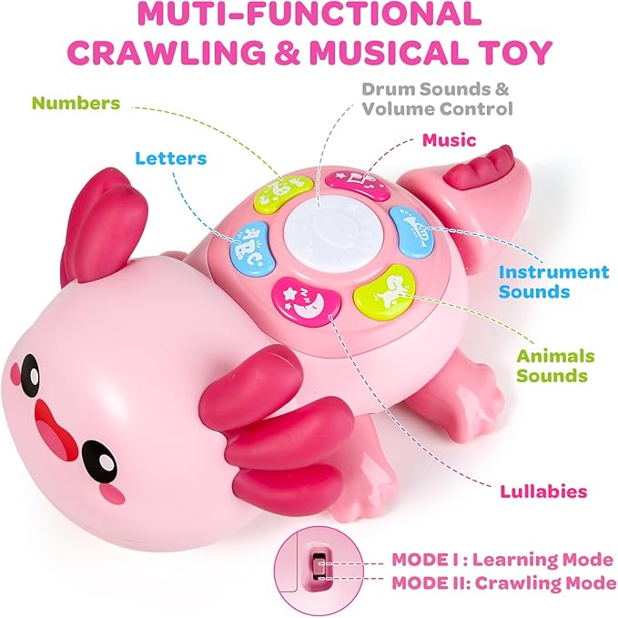 Baby Crawling Toy 6-12 Months, Tummy Time Musical Light-Up Axolotl Toy with Obstacle Avoidance, Interactive Early Educational Learning Toys for Infants 6-9-12 Months, Gift for 1 Year Old Boy Girl