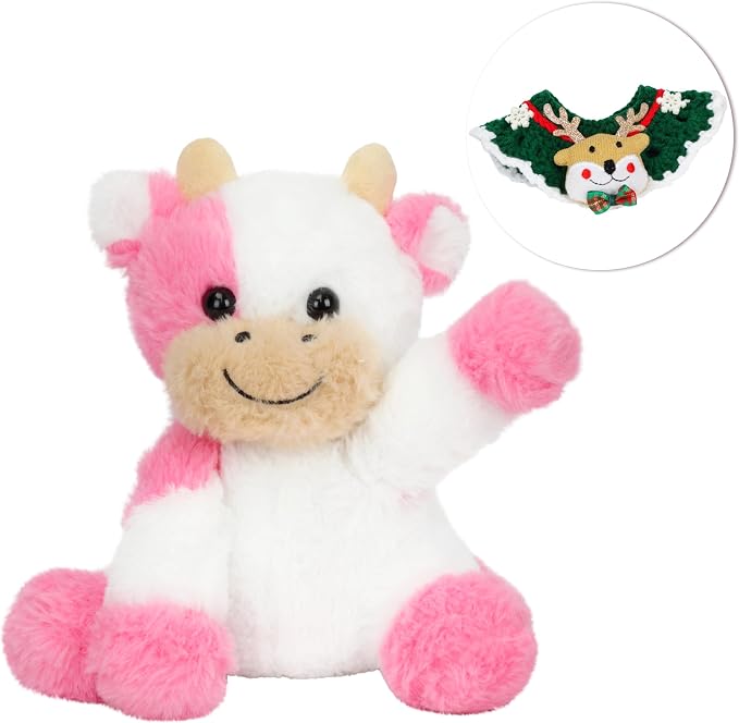 Hopearl Adorable Christmas Plush Cow Toy Floppy Dairy Cattle Soft Kawaii Stuffed Animal Cute Xmas Gifts for Boys Girls Kids Toddlers, Pink, 9''