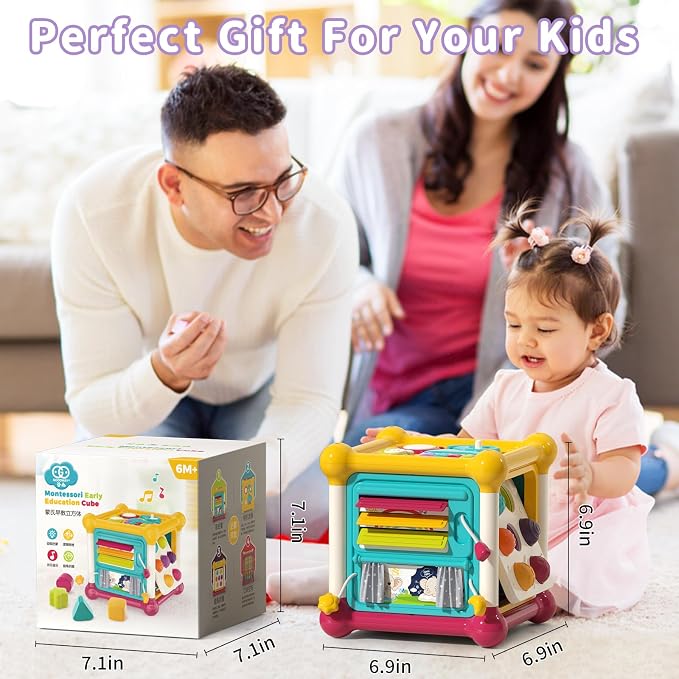 Baby Activity Cube, 12-in-1 Educational Early Development Toy with 4 Sensory Shape Blocks, Music Busy Board, Montessori Toys for 1 2 Year Old, Birthday Gift for 1 Year Old