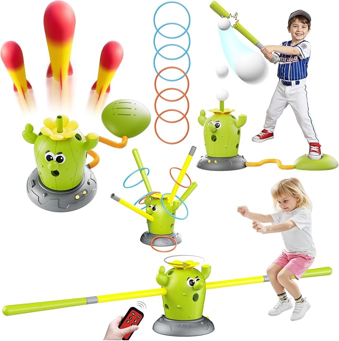 Rocket Launcher Toy Set for Kids Ages 3-8, 4-in-1 Cactus Outdoor Play Set with Ring Toss, Baseball & Skip It – Outdoor Backyard Sports Toys for Boys and Girls, Educational Active Play Gift