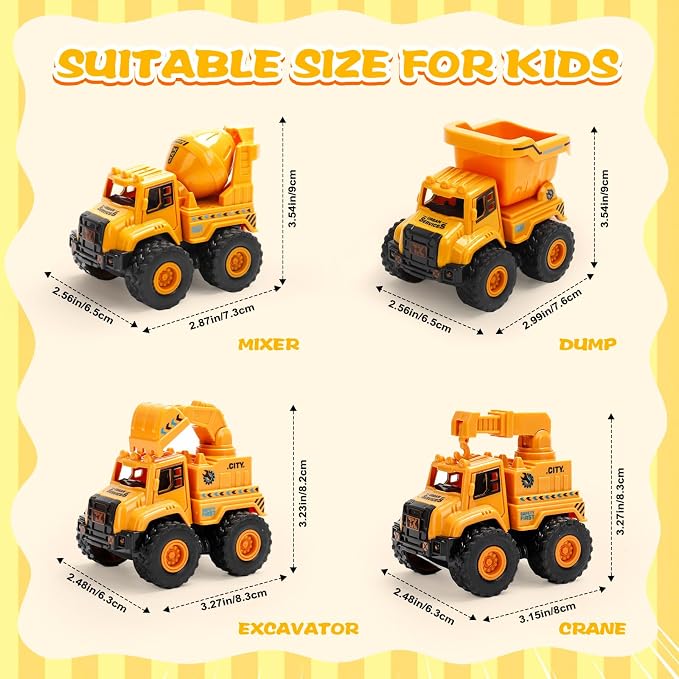 Construction Truck Toys for Toddlers 1-3, Push and Go Toy Vehicles Set with Mixer, Dump Truck, Excavator, Bulldozer, Friction Powered Cars for Boys and Girls, Gift for 2 3 4 5 Year Old Kids