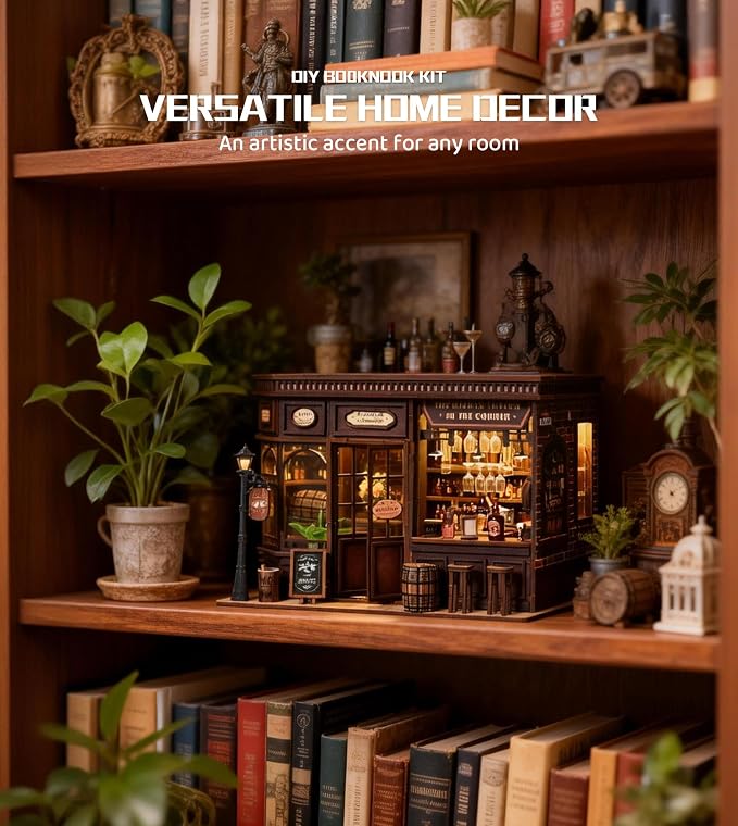 Roroom DIY Miniature House Kit, Vintage Corner Tavern Dollhouse Kit | Wooden 3D Puzzles for Adults with LED, Bookshelf, Desk and Bedside Room Decor, Relaxing Craft Project, Creative Gift