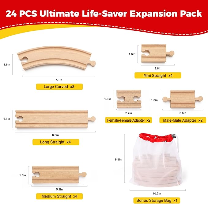 Wooden Train Tracks 24 Pieces Set, Track Expansion Pack with Storage Bag - Includes Male/Female Adapters - 100% Compatible with All Major Brands Including Thomas, Brio, Melissa & Doug