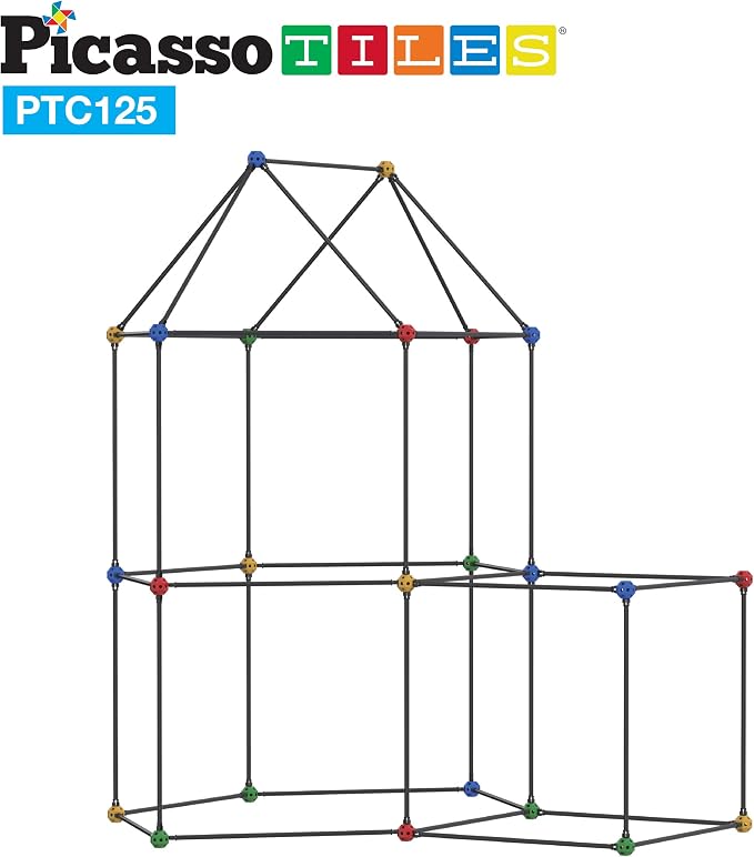 PicassoTiles Kids Fort Building Kit Playset 125 Piece Indoor and Outdoor Toy Set Fort Construction Builders Blocks Toys for Kids Boys Girls STEM Learning Castle System Tunnel Tent Rocket Pretend Play
