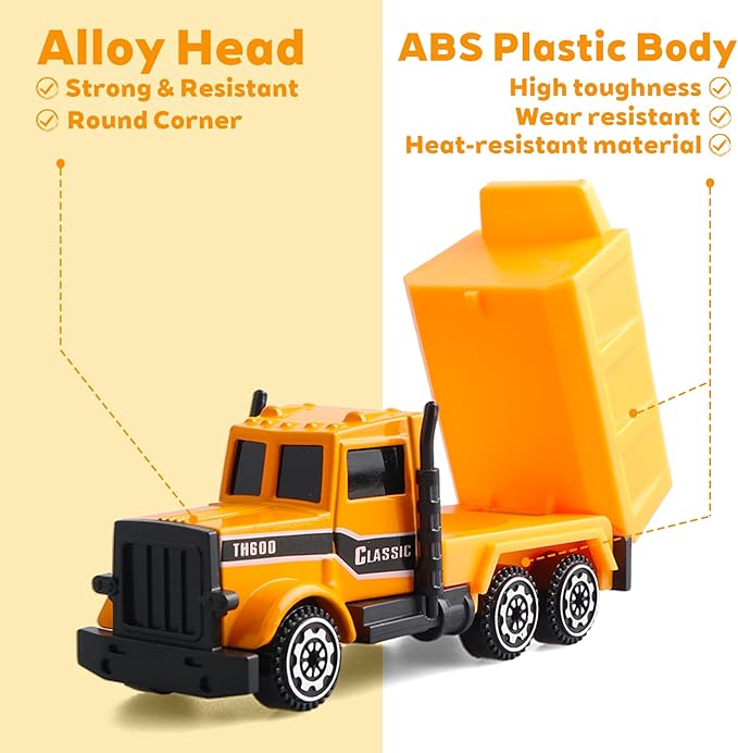 6 Pack Diecast Construction Vehicles Toys - Mini Digger Cake Toppers - Bulldozer Dump Truck Small Toy Car Set for Kids Children Boys Girls - Gifts for 3 4 5 6 7 Year Olds