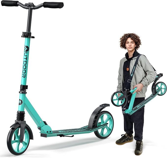 Outdoor Cruiser Kick Scooter for Ages 6+, for Kids, Teens, and Adults, Max Load 250 LBS, Foldable, 8-inch Wheels for Kids and Adults, Dual Suspension, 3 Adjustable Levels, Child Safety Approved, Aqua