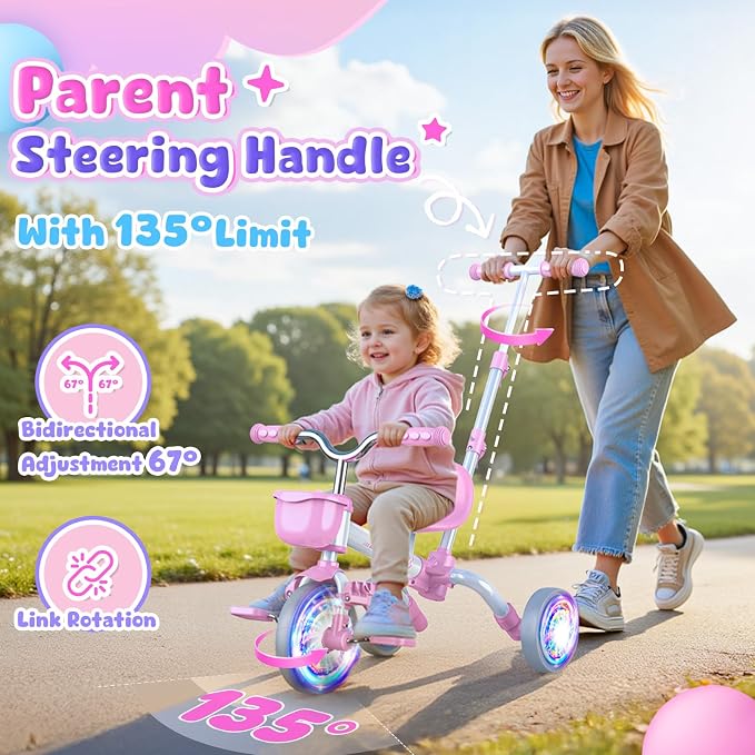 Kkdi 5 in 1 Toddler Bike for 1-5 Year Old, Tricycle with Push Handle, Convertible Baby Balance Bike, Bicycle, Color Light Wheel & Detachable Pedal, 4-Position Seat, Toddler Girl Birthday Gift, Toy
