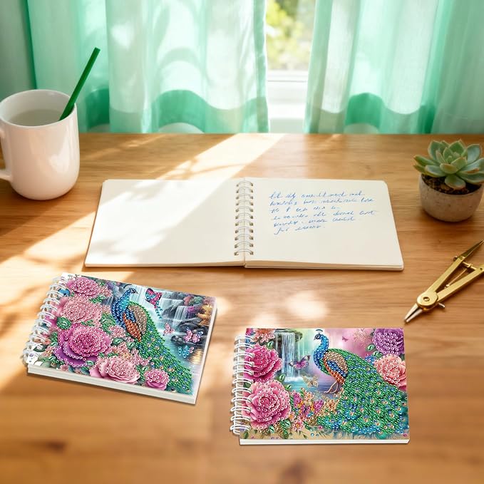 2 Pcs Peacock Diamond Painting Notebook 80 Pages for Adults,Diamond Art Journal and DIY Sketchbook, Diamonds Art Kit Supplies,Gift for Beginners, Craft Lovers, Artists. (Peacock)