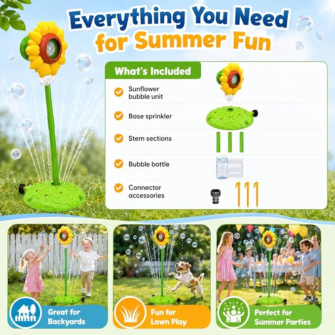 Sunflower Water Sprinkler with Bubble Machine, 4-in-1 Outdoor Sprinkler Toy for Kids with Bubbles, Lights and Music, Garden Hose Splash Toy for Backyard and Summer Parties(Sunflower)