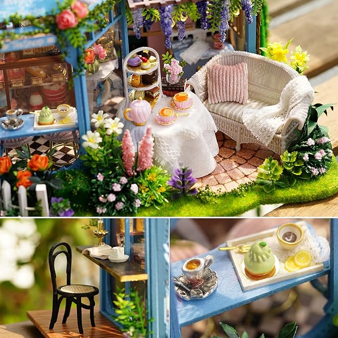 TuKIIE DIY Miniature Dollhouse Furniture Kit, 1:24 Scale Creative Room Wooden Doll House Accessories Plus Dust Proof & Music Movement for Kids Teens Adults(Rose Garden Tea House)