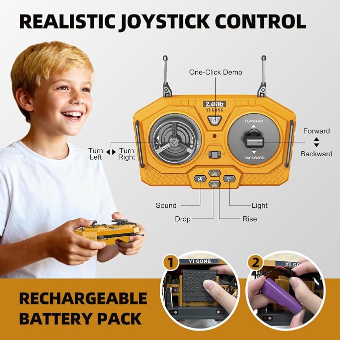 9-Channel RC Dump Truck Toy, 2.4GHz Remote Control Truck with Metal Bed, Light & Sound, 2 Rechargeable Batteries, Construction Vehicle for Kids Boys Girls Ages 3-12