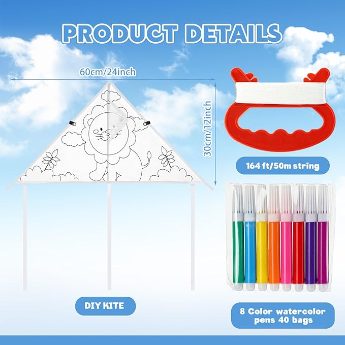 Syhood 60 Pcs DIY Coloring Kites Kit for Kids Pre-Printed Cartoon Animal Kites Summer Decorating Making Kit with Watercolor Pens and Strings Handles for Outdoor Game and Activities