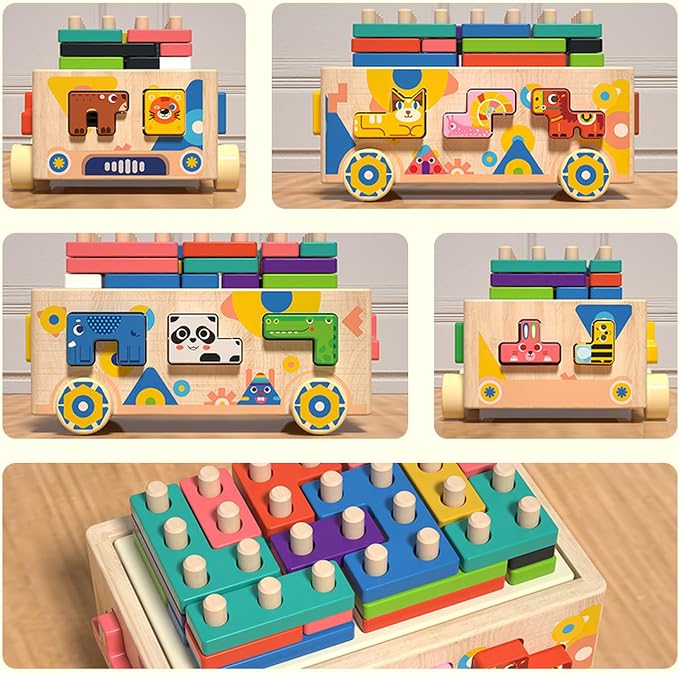 Wooden Montessori Toddler Toy Car Animal Shape Sorting & Peg Stacking Blocks Educational Learning Toy for Toddlers Ages 2-4 Fine Motor Skills Preschool Toy Wooden Shape Sorter Gift for Boys Girls