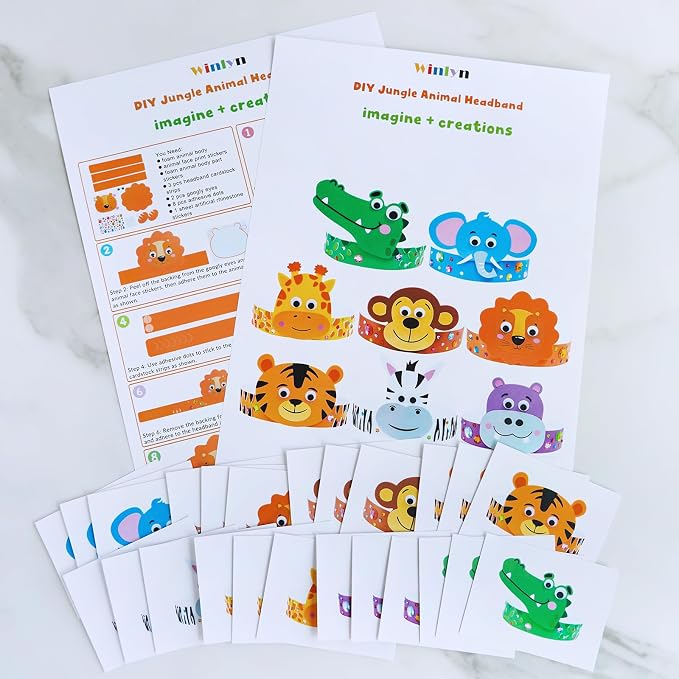 Winlyn 24 Sets Jungle Animal Headbands Craft Kits Safari Crown Art Sets DIY Zoo Party Headbands Foam Stickers Arts and Crafts for Kids Jungle Safari Birthday Activities Party Favors Decorations