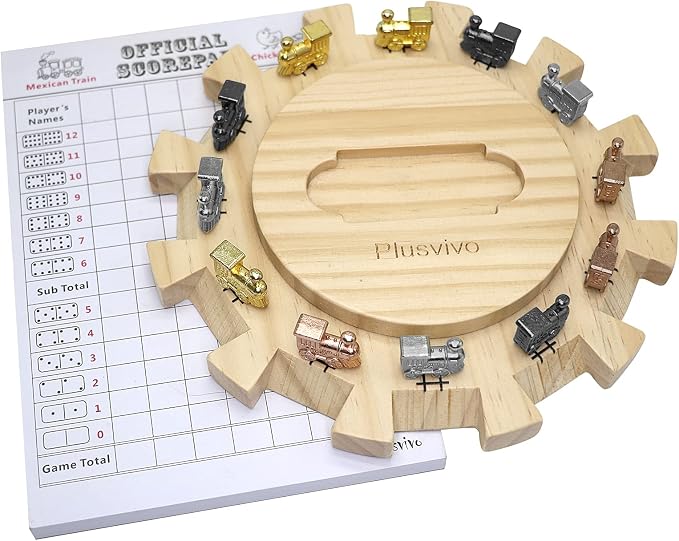 plusvivo Mexican Train Dominoes Accessories Set-Including a 7.89-Inch Wooden Mexican Train Hub up to 12 Players, 12 Metal Train Markers, and a 70-Sheet Mexican Train Score Pads