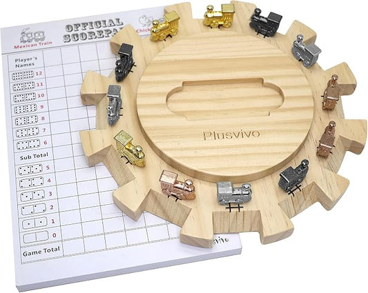 plusvivo Mexican Train Dominoes Accessories Set-Including a 7.89-Inch Wooden Mexican Train Hub up to 12 Players, 12 Metal Train Markers, and a 70-Sheet Mexican Train Score Pads