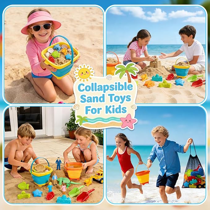 Foldable Beach Bucket and Shovel Set for Kids, 20PCS Sand Toys with Sand Molds (Castle, Dinosaur, Sea Animal) & Mesh Bag, Toddler Collapsible Outdoor Sand Toys for Beach, Sandbox, Pool, Summer Gift
