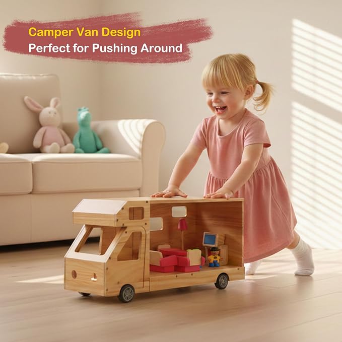 RV Camper Dollhouse for Kids, Wooden Rolling Motorhome with Full Furniture Set, Travel Doll House Toy with Miniature Rooms for Boys & Girls, Pretend Play Adventure Home