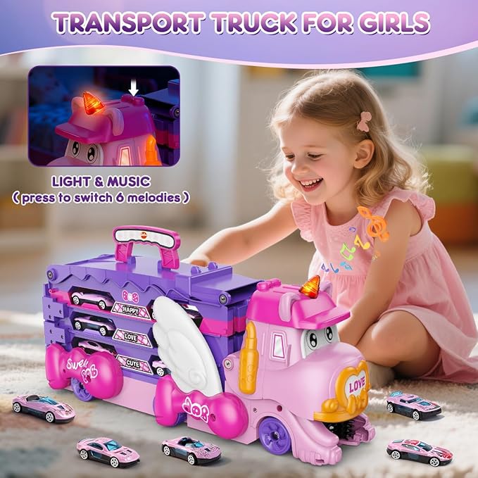 VATOS Toddler Truck Car Toys for 3 4 5 6 Year Old Girls, Foldable Race Track Toy with 6 Race Cars, Portable Transport Carrier Truck with Light & Music, Princess Toys Cars Gift for Kids Girls