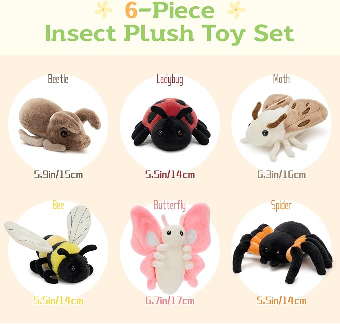 MorisMos 6 Pcs Insect Plush Toys Set, 6 Inch Cute Bug Stuffed Animals Butterfly Bee Moth Spider Ladybug Beetle Plushies, Bulk Insect Plush Collections for Kids, Birthday Classroom Prizes Christmas