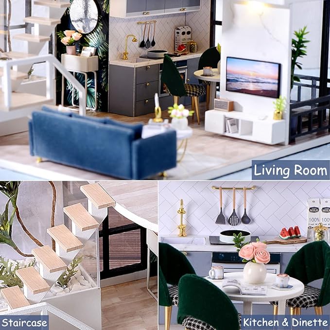TuKIIE DIY Miniature Dollhouse Kit with Furniture, 1:24 Scale Creative Room Mini Wooden Doll House Accessories Plus Dust Proof & Music Movement for Kids Teens Adults(Satisfied Time)