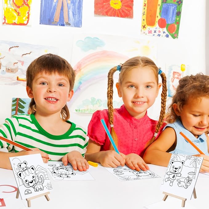 Tenceur 48 Pcs Kids Paint Party Favors Sets with 12 Pcs Animals Pre Drawn Canvas Panel and Wooden Easel Set Paint Pots and Brushes 12 Mini Apron and Tote Bag for Kids Boys Student Girls