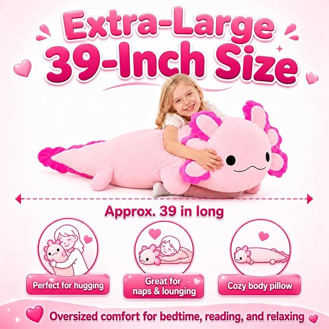 BENINY 39-Inch Giant Axolotl Plush Pillow, Hot Pink Large Stuffed Animal, Extra Soft Huggable Cuddly Toy Gift for Kids Girls Boys, Birthday Christmas Room Decor