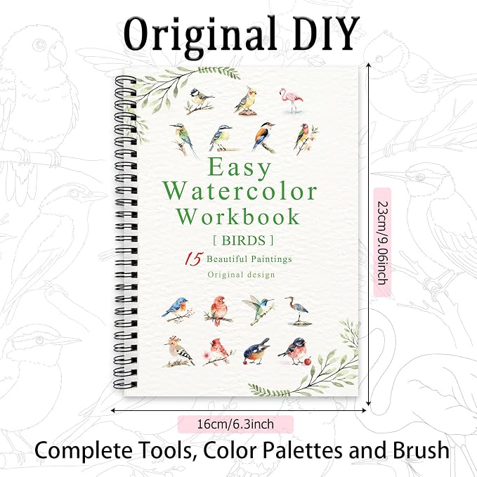 Watercolor Workbooks Birds, 15 Beautiful Paintings for Water Color Book Adult, Watercolor Coloring Book for Beginners, Watercolor Workbook for Adults Teens (Without Palette, Birds)