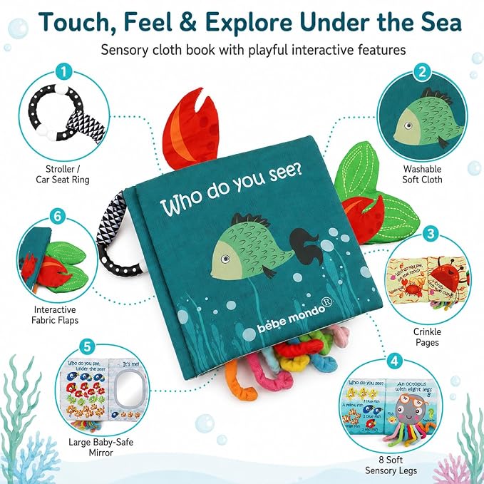 Fish Baby Book, Crinkle Books for Babies, Touch & Feel Soft Books, Infant Baby Toys 0-3 0-6 6-12 Months, Sensory Mirror Toy,Teether Ring, Baby Shower, Baby Basket Stuffers,Gifts for Boys Girls -Green