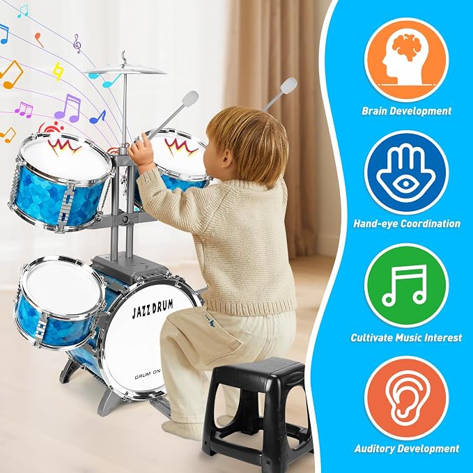 Kids Drum Set 5 Piece Drums Set for Toddlers 3-5, Toddler Drum Set 5-7 Musical Instrument Toys Percussion Birthday for 3 4 5 6 7 8 Years Old Kid Girls Boys