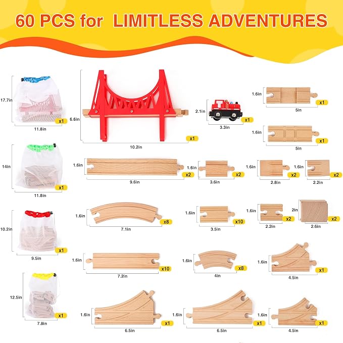 Wooden Train Tracks 60 Piece Set, Track Expansion Accessories for Toddlers 3-5 - 100% Compatible with All Major Brands Including Thomas & Brio Wooden Railway System