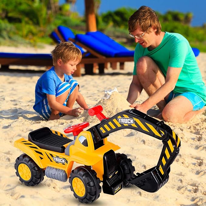 HONEY JOY Ride on Excavator, No Power Ride on Construction Vehicles for Kids, Helmet, 3 Toy Rocks, Adjustable Digger, Horn, Ride On Loader, Bulldozer Ride on Toy, Gift for Boys Girls