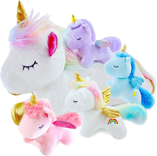 Unicorn Stuffed Animal,Cute Unicorn Mommy Stuffed Animal with 4 Baby Unicorns Plush in Tummy,Kawaii Unicorn Plush Toy Gift for Kids Girls Boys