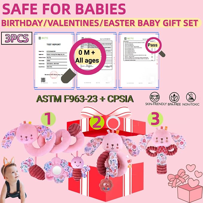 Baby Spiral Car Seat Toys for Babies 0-6 Months Girl, Stroller Hanging Stuffed Animal Carseat Crinkle Rabbit Toy 0-3-4-5-6-7-8-9-12 Month, Newborn Infant Toddler Birthday Gifts Set Bunny 3PCS