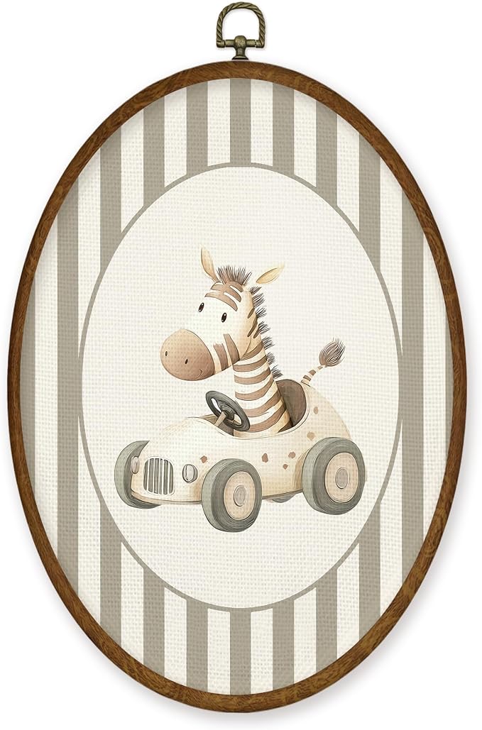 WULQYING Vintage Zebra Nursery Wall Art Decor, Kids Oval Framed Canvas Art Prints, Neutral Striped Zebra Driving Car Wall Hanging Decor for Kids Boy Nursery Room Playroom, 8.5x11.4 Inches