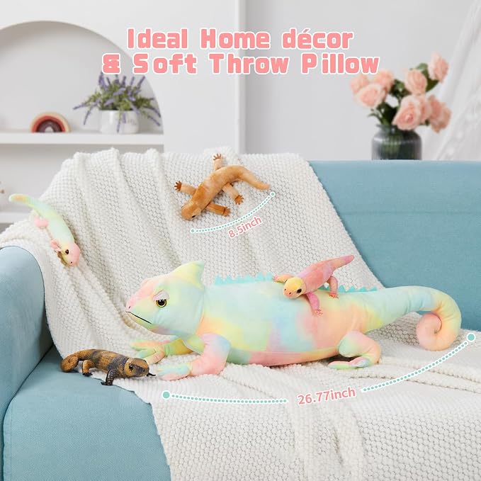 MorisMos 27" Giant Chameleon Stuffed Animal with Babies, 5Pcs Mama & Baby Stuffed Lizard Plush Toys for Kids, Realistic Rainbow Chameleon Plush Toys, Lizard Toys for Jungle Birthday Gift & Room Decor