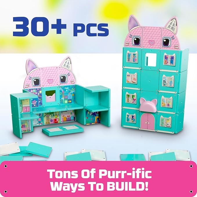 Tile Town Gabby’s Dollhouse 35-Piece Magnetic Tile Playset, Interactive STEM Magnetic Tiles Toys, Includes Gabby & Pandy Paws Figures, Action Tiles