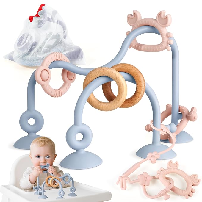 Baby Teething Relief Sensory Toys, High Chair Suction Cup Toy | Silicone Teether Tactile Developmental Toys for Babies, Montessori Activity for Airplane Travel, Table, Highchair Tray