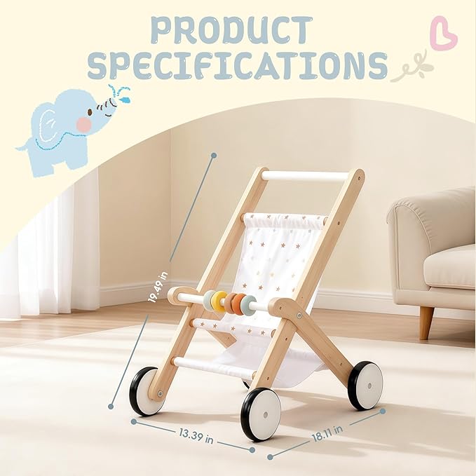 Freniland Wooden Baby Doll Stroller, Toddler Push Walker Toy, Doll Push Cart for Boys & Girls, Learning to Walk & Pretend Play Toy 18M+