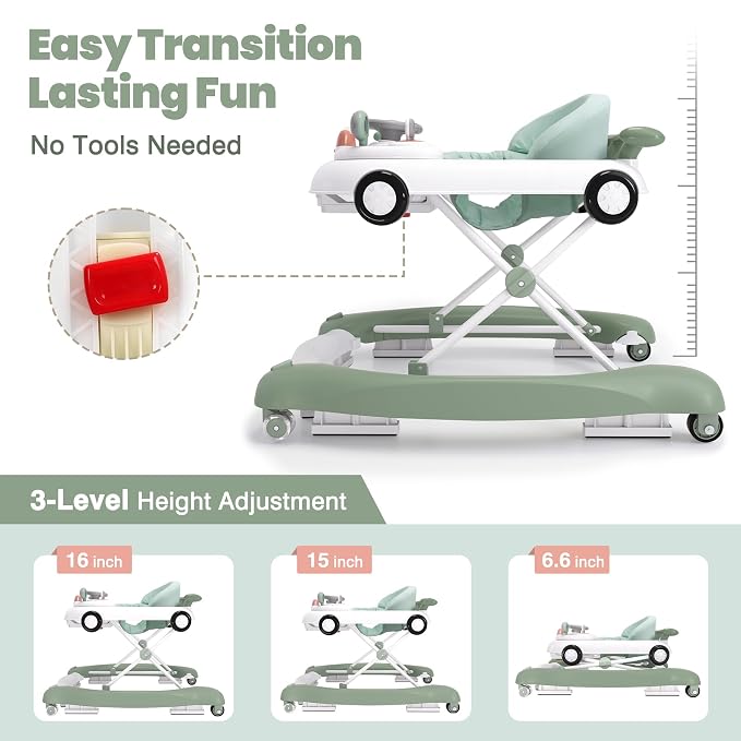 5-in-1 Convertible Baby Walker with Steering Wheel Music Activity Center – Infant Rocker, Jumper, Push Walker, Bouncer & Feeding Foldable Walker for Ages 6-18 Months Boys Girls (Mint)