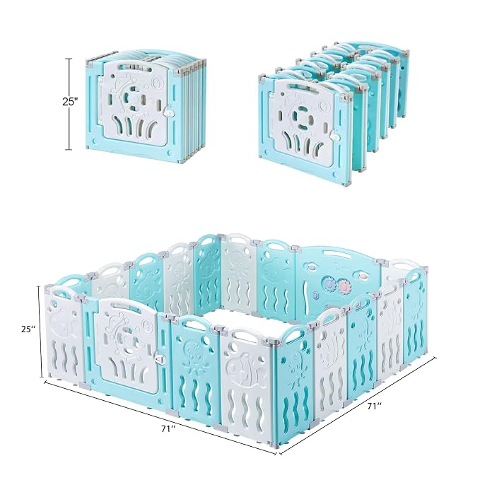 Albott Baby Fence 18 Panels Kids Playpen- Foldable Toddler Safety Play Center Yard Adjustable Shape Portable Design for Children Toddler Indoor Outdoor Use Blue