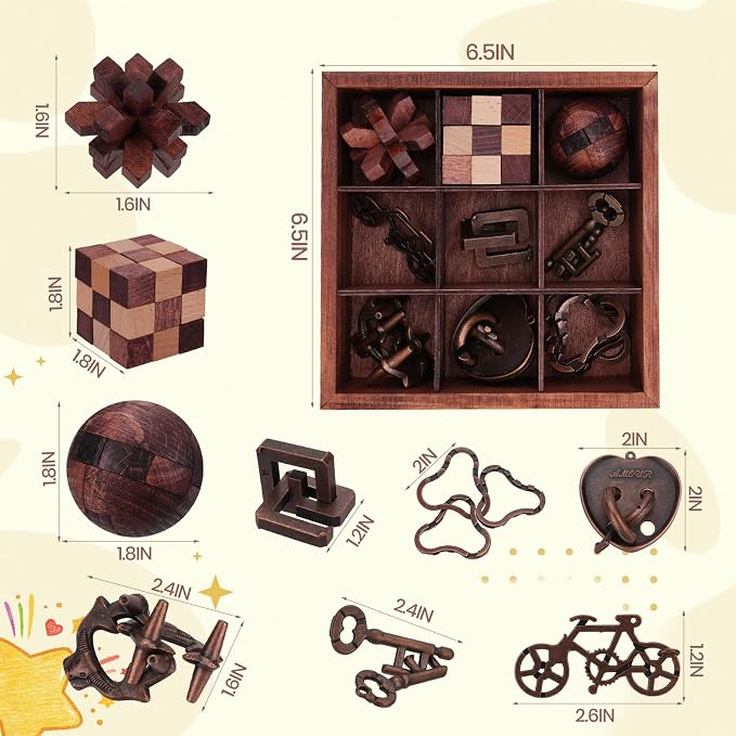 9 Pcs Brain Teaser Puzzles for Adults Teens - Brain Teaser Puzzles with Wooden Box 3D Puzzle Game Toys for Adults Teens - Unlock Interlocking Puzzle Adults Teens IQ Education Smart Toys